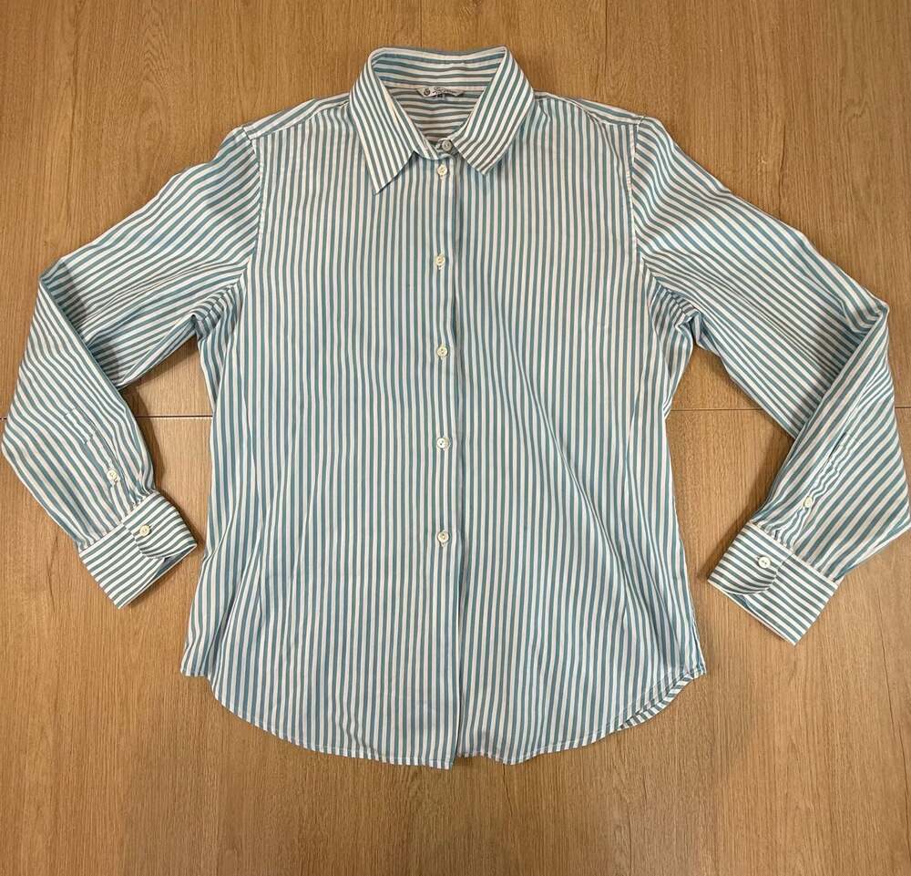 Loro Piana Women's Blue and White Striped Button Down Shirt Size 46